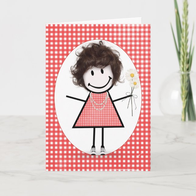 Carte Fille à bâtons d'anniversaire sur gingham rouge (Devant)
