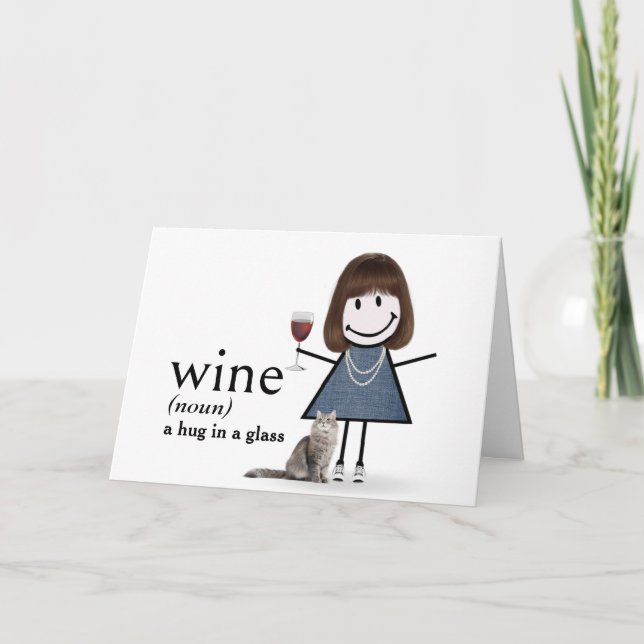 Carte Fille à bâtons pour anniversaire avec vin et chat (Devant)