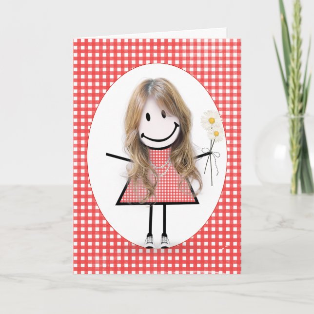 Carte Fille à bâtons pour anniversaire sur gingham rouge (Devant)