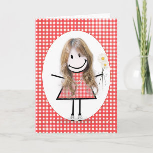 Carte Fille à bâtons pour anniversaire sur gingham rouge