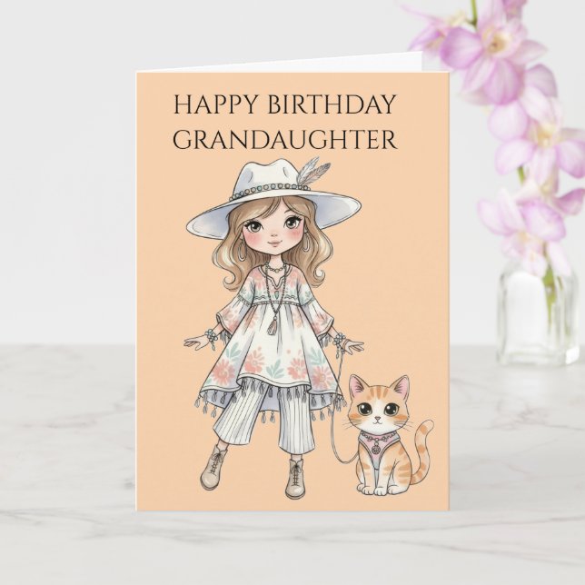 Carte Fille à la mode se promenant avec son chat (Orchidée)