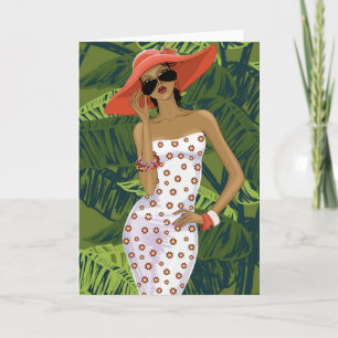 Carte Fille à la mode tropicale en grand Casquette rouge