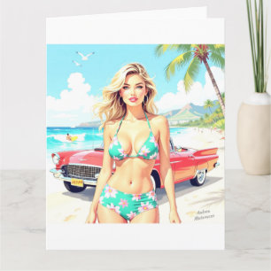 Carte Fille à la plage avec une voiture classique