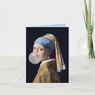 Carte Fille à oreille perle soufflant une gomme à bulles