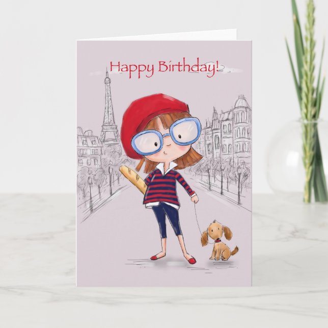 Carte Fille à Paris avec petit chien, Joyeux anniversair (Devant)