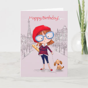 Carte Fille à Paris avec petit chien, Joyeux anniversair