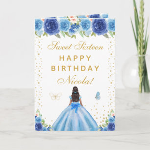 Carte Fille à peau foncée aux fleurs bleues, douce seize