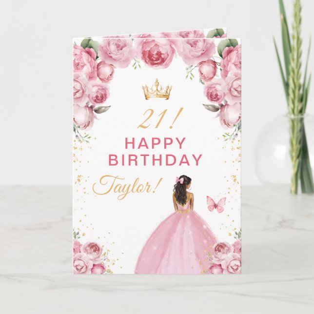 Carte Fille à peau foncée aux fleurs roses Joyeux Annive (Devant)