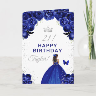 Carte Fille à peau foncée Navy Floral Joyeux Anniversair