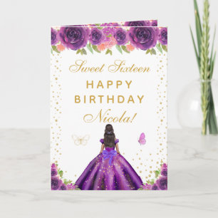 Carte Fille à peau noire Sweet Sixteen à fleurs violette