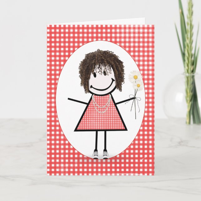 Carte Fille à stick figure d'anniversaire sur gingham ro (Devant)