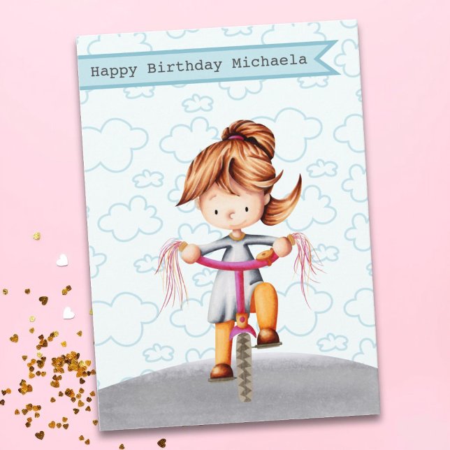 Carte Fille à vélo rose Anniversaire personnalisé (Créateur téléchargé)