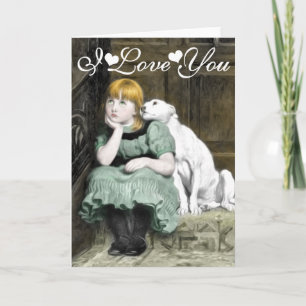 Carte Fille adorant chien Peinture victorienne Je t'aime