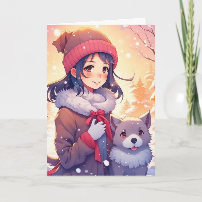 Carte Fille Anime et Chien avec Fond de Noël (Devant)