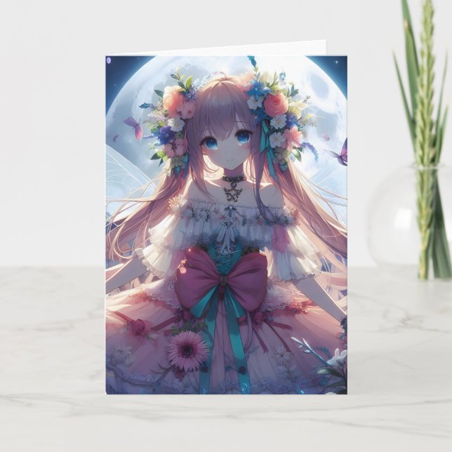 Carte Fille Anime Fleur Lune Fée (Devant)