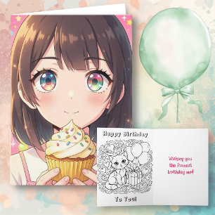 Carte Fille Anime Rose Anniversaire et Page de Coloriage