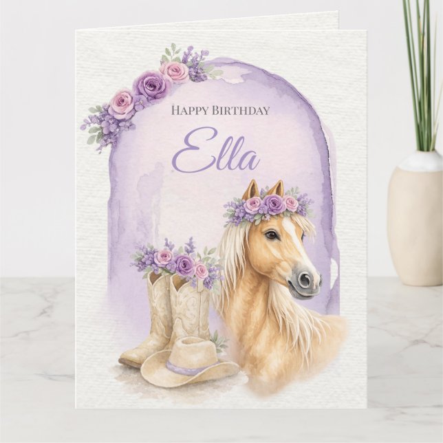 Carte Fille Anniversaire Cheval Floral Violet (Devant)