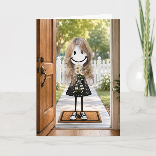 Carte Fille anniversaire dessinée avec bouquet de pâquer (Devant)