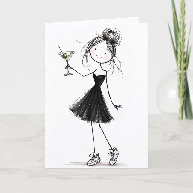 Carte Fille anniversaire dessinée avec martini (Devant)