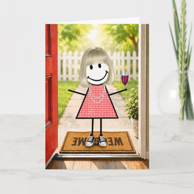 Carte Fille anniversaire dessinée avec un verre à vin (Devant)