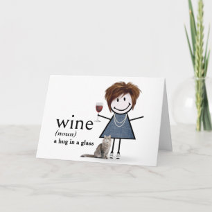 Carte Fille anniversaire dessinée avec vin et chat