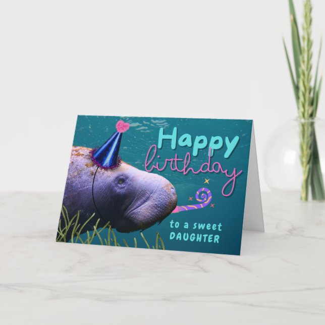 Carte Fille Anniversaire mignonne Manatee à la fête (Devant)