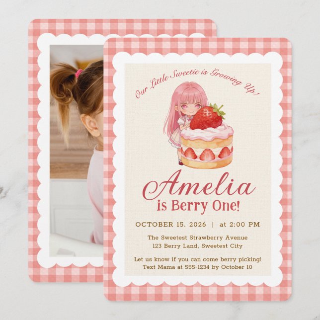 Carte Fille au gâteau à l'eau de fraise douce pour sa 1è (Devant / Derrière)