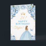 Carte Fille aux cheveux blonds aux fleurs bleues Joyeux<br><div class="desc">Cette carte d'anniversaire élégante et glamour peut être personnalisée avec un nom ou un titre tel que fille, petite-fille, nièce, amie, etc. Le design présente une belle princesse aux cheveux blonds dans une robe de bal bleu clair. Le texte combine une écriture manuscrite et des polices modernes sans empattement pour...</div>