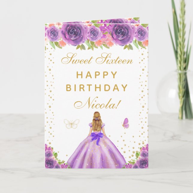 Carte Fille aux cheveux blonds aux fleurs violettes, sei (Devant)