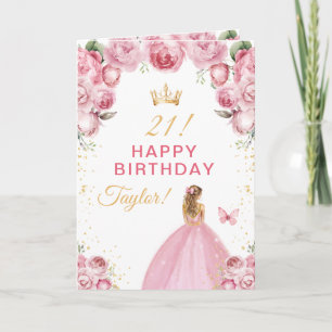 Carte Fille aux cheveux blonds avec fleurs roses Joyeux