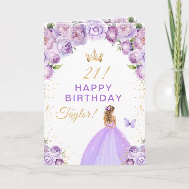 Carte Fille aux cheveux blonds avec fleurs violettes Joy (Devant)