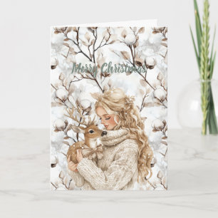 Carte Fille aux cheveux blonds avec Noël cerf