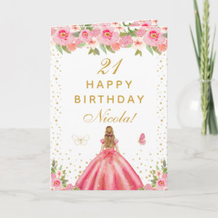 Carte Fille aux cheveux blonds et floraux roses pour son