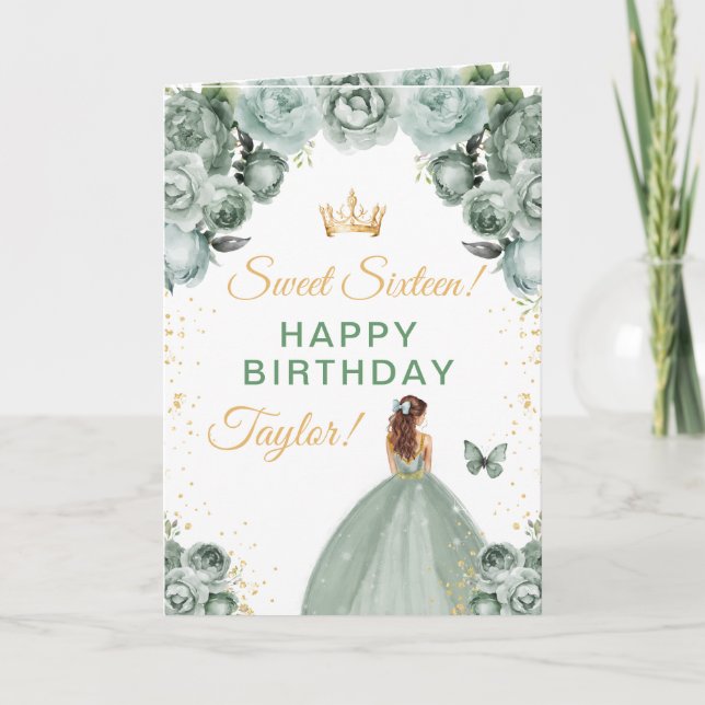 Carte Fille aux cheveux brun sage anniversaire seize ans (Devant)