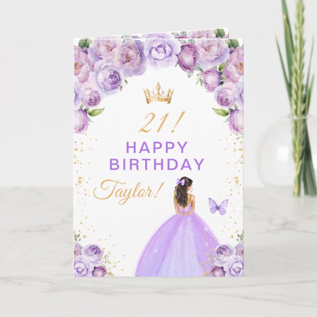 Carte Fille aux cheveux bruns avec fleurs violettes Joye (Devant)
