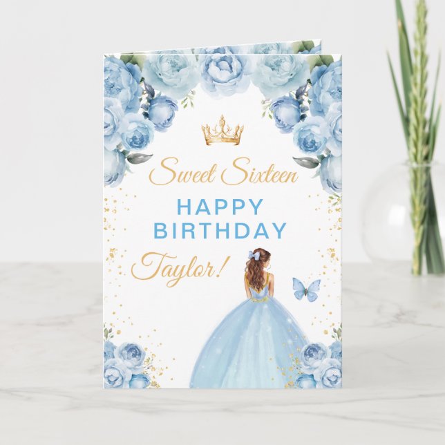 Carte Fille aux cheveux bruns bleus anniversaire seize a (Devant)