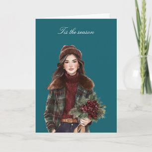 Carte Fille aux cheveux bruns de Noël avec des fleurs