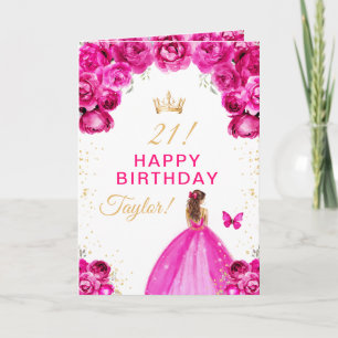 Carte Fille aux cheveux bruns et fleurs roses Joyeux Ann