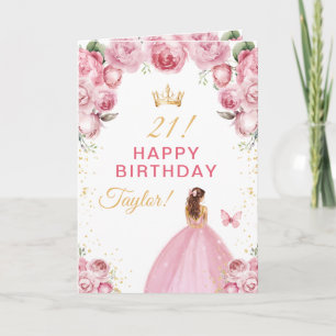 Carte Fille aux cheveux bruns et fleurs roses Joyeux Ann