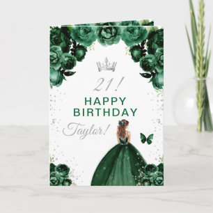 Carte Fille aux cheveux bruns et floraux verts Joyeux An
