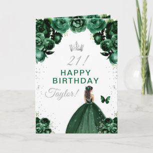Carte Fille aux cheveux bruns floraux verts Joyeux Anniv