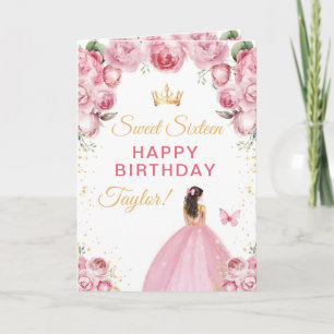 Carte Fille aux cheveux bruns roses Joyeux seizième anni