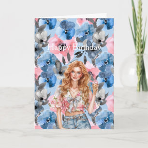 Carte Fille aux Cheveux Rouges Glace Crème Fleur Bleue A