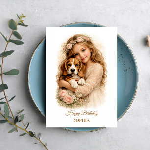 Carte Fille avec chiot Beagle