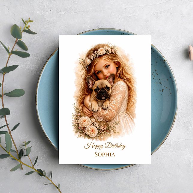Carte Fille avec chiot Bouledogue Français (Créateur téléchargé)