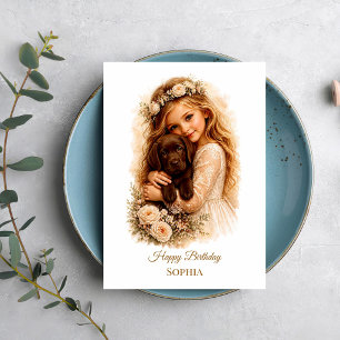 Carte Fille avec chiot Labrador chocolat