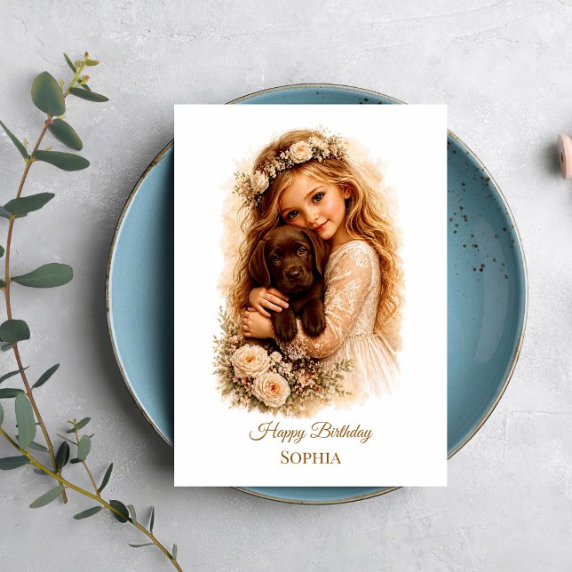 Carte Fille avec chiot Labrador chocolat (Créateur téléchargé)