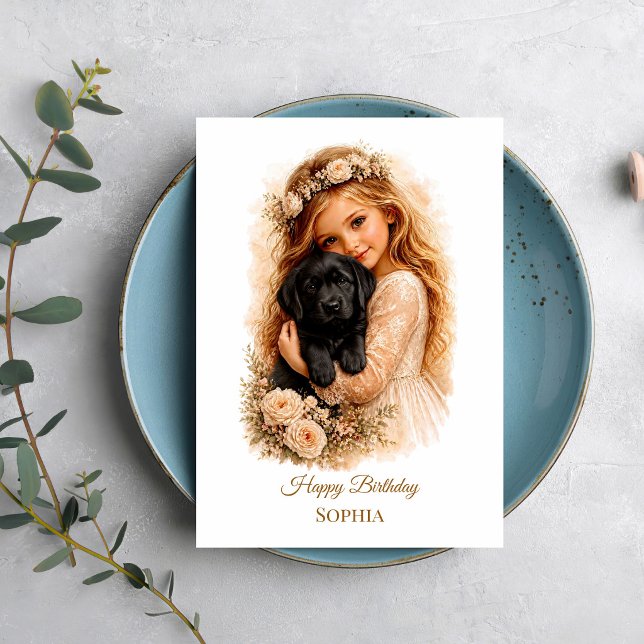 Carte Fille avec chiot Labrador noir (Créateur téléchargé)