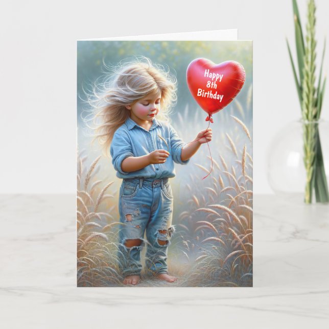 Carte Fille avec un ballon de coeur pour 8e anniversaire (Devant)