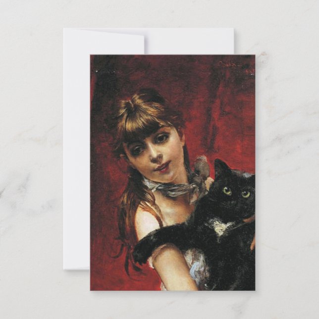 Carte Fille avec un chat noir dans les bras (Devant)